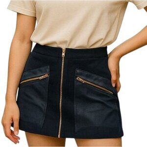 Etiquette Women's Skirt Black Sz S Faux Leather Suede Moto Gold Zip Front Mini